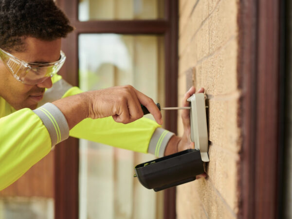 Man installing sprinkler system controller on exterior wall